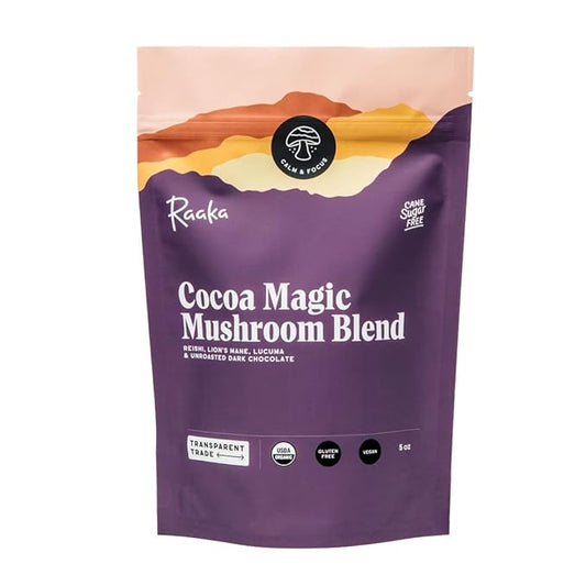 Raaka Cocoa Magic Mushroom Hot Chocolate Blend with Lion?™s Mane, Reishi and Lucuma - Gourmet Adaptogenic Mushroom Hot Chocolate - Organic, Vegan, Low Sugar, Gluten Free, Kosher - 5 oz. Bag (8 Servings)