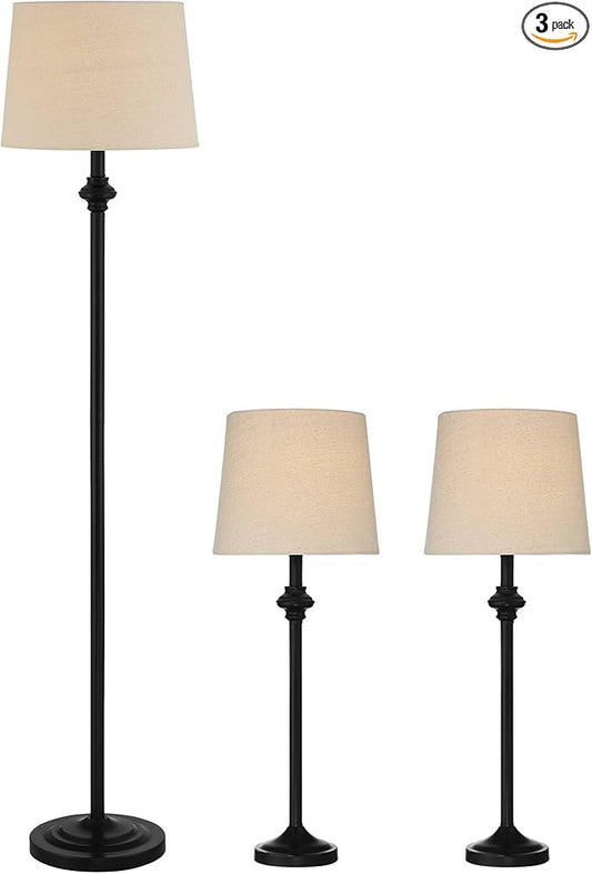 360 Lighting Carter Traditional 3 Piece Table Floor Lamp Set Black Metal Cream Fabric Tapered Drum Shade Decor for Living Room Bedroom House Bedside Nightstand Home Office Reading Family