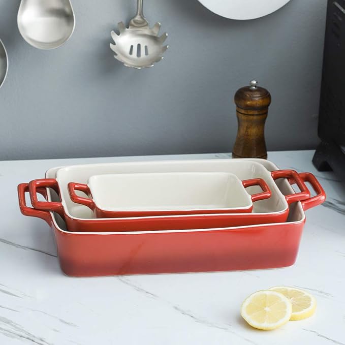 KOOV Bakeware Set, Ceramic Baking Dish, Rectangular Baking Pans Set, Casserole Dish for Cooking, Cake Dinner, Kitchen, Wrapping Upgrade, 12 x 8.5 Inches, 3-Piece (Gradient Red)