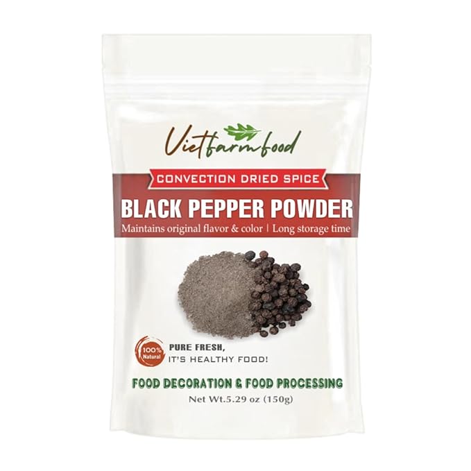 BLACK PEPPER POWDER 5.29 Oz (150g) VIETFARMFOOD: Natural pure, convection dried seasoning made from real vegetables - perfect for adding flavor to any meal, from cooking, baking, salads, soups, sauces