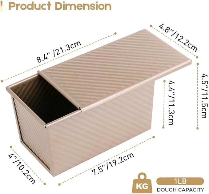 AMAGABELI GARDEN & HOME Pullman Loaf Pan with Lid 1 lb Dough Capacity 9x4 inch Non-Stick Bread Pans Carbon Steel for Baking Homemade Bread Mold Sandwich Corrugated Toast Box Bakeware Nonstick Gold