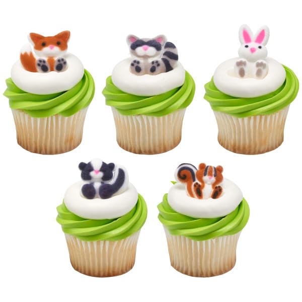 Woodland Animals - Skunk, Fox, Bunny, Chipmunk, and Raccoon Edible Sugar Cake Toppers, 12 Count