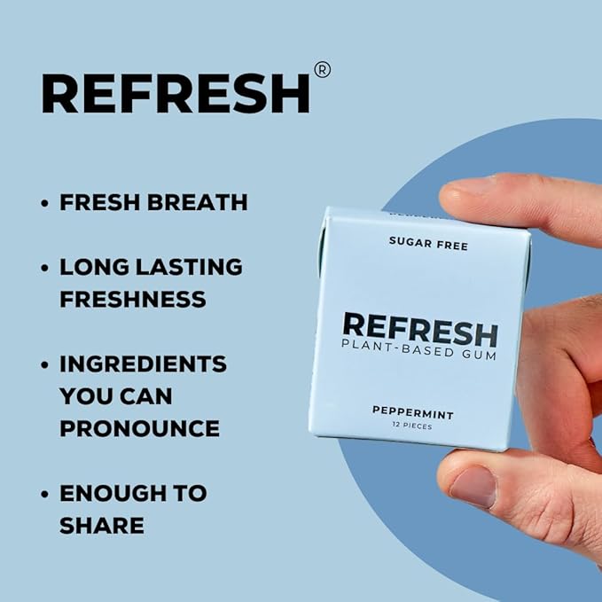 Refresh Gum, Xylitol, Natural, Sugar Free, Long Lasting, Plastic Free, Natural Flavors & Organic Ingredients, Plant-Based, Low Calorie, Non GMO, Gluten Free, Vegan, Peppermint, 12 Pcs, 12 Pck
