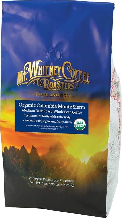 Mt. Whitney Colombia Monte Sierra Organic, Single Origin, Medium Dark Roast, Smooth Full Flavored, Low Acid Coffee (Whole Bean, 5 Lb)