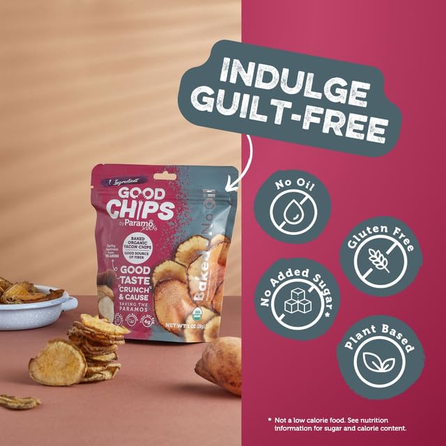 Baked Organic Yacon Chips by GOOD CHIPS! 100% Natural, Oil Free, Only One Ingredient: Yacon Root, USDA Organic, Earthy Sweet Superfood, Good Source of Fiber, 1 oz Bags, Pack of 8
