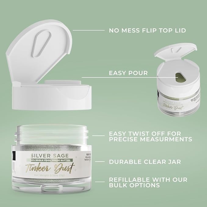 Bakell - Silver Sage Tinker Dust (5g, 1x Jar) Edible Glitter for Food, Desserts, and Beverages!