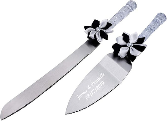 GIFTS INFINITY® Personalized Wedding Cake Knife and Server Set Free Engraving (Black & White) - Valentine's Day Gift