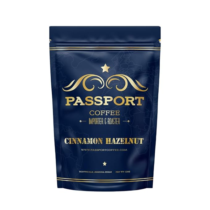 Passport Coffee Cinnamon Hazelnut ??Medium roast blend from Colombia & Central America. Sweet & nutty flavored with rich aroma. Premium whole bean coffee, 12oz Bag