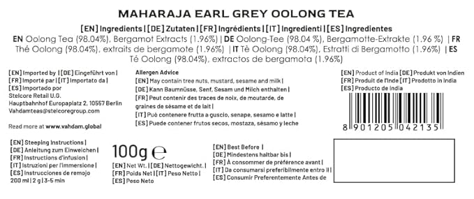VAHDAM, Maharaja Earl Grey Oolong Tea Loose Leaf (50 Cups/3.53oz) Non GMO, Gluten Free | Oolong Tea Leaves | Loose Leaf Earl Grey Tea With Pure Bergamot Oil | Brew As Hot Or Iced Tea