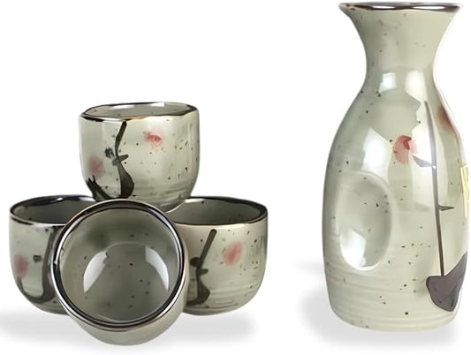 JapanBargain 3327, Japanese Plum Porcelain Sake Set Sake Carafe Bottle Sake Cups for Serving Hot Sake and Cold Sake, Made in Japan, Green, 5 oz