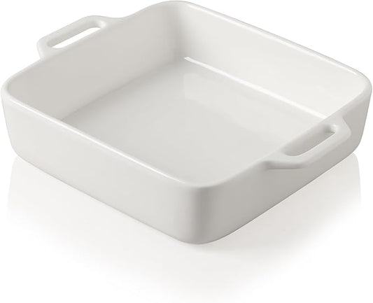 Sweejar 8x8 Baking Pan,Ceramic Casserole Dishes for Oven with Double Handlesï¼? QT Square Cake Baking Dish for Brownie,Lasagna,Casseroles,Family Dinner(White)
