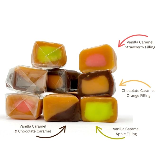 Caramel Cubes Candy Mix 5 LBS (About 375 Count) - Filled Creamy Caramels Individually Wrapped - Vanilla, Chocolate, Apple, Strawberry Assorted Chews - Bulk Gift Bag By Lyza's Sweets & Treats