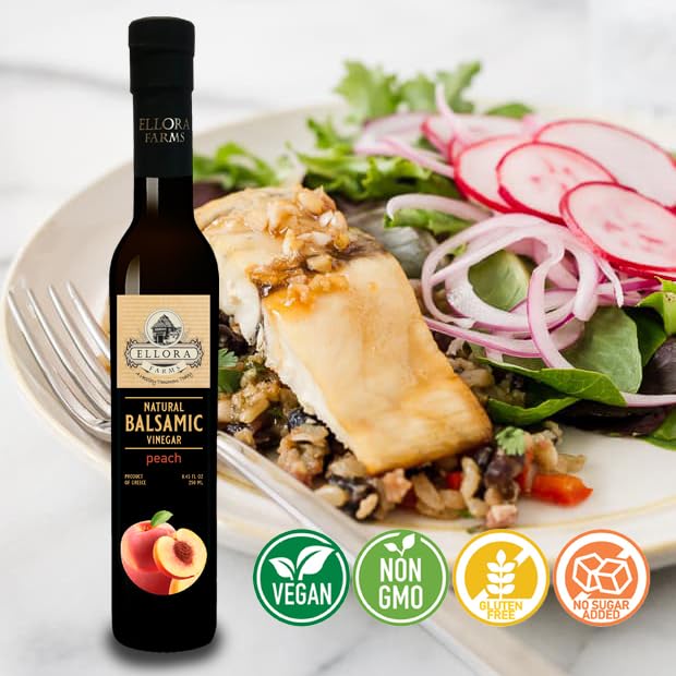 Ellora Farms, Peach fruit Infused Greek Balsamic Vinegar, thick and creamy, no-added sugars, no-preservatives, 8.45 oz. bottle, Pack of 1