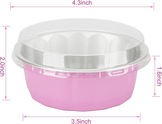 Beasea 8 oz 50 Pack Disposable Ramekins with Lids - Pink Aluminum Foil Cups for Creme Brulee, Muffin, Cupcake, Pudding, Party, Wedding, Birthday Baking