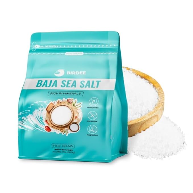 Birdee Baja Fine Ground Mineral Sea Salt, 17.6 oz ??Unrefined, Low Sodium, 90 Trace Minerals, Hand Harvested, Salt for Cooking, Hydration, Electrolytes, Keto & Paleo Friendly
