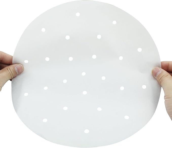 100 Pack 10 Inch Bamboo Steamer Liner - Round Air Fryer Parchment Paper with Holes - White Non Stick Steamer Paper for Air Fryer Basket, Oven, Microwave, Bamboos Steamer