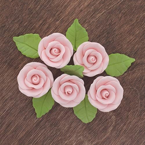 Global Sugar Art Premium Wedding Rose Edible Sugar Cake & Cupcake Flowers, Pink, 12 Count with Leaves by Chef Alan Tetreault