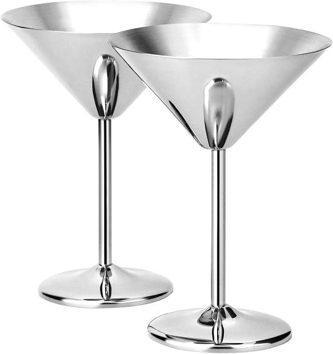 QWORK 304 Stainless Steel Martini Glasses - 8oz Unbreakable, 6 Pack Shatterproof Cocktail Goblets - 18/8 Mirror Finish - Ideal for Whiskey, Margarita, Manhattan & More - Dishwasher Safe