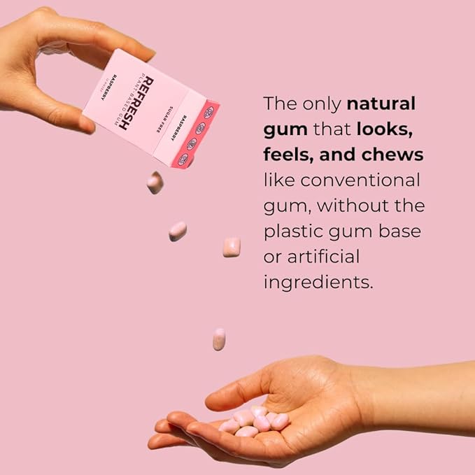 Refresh Gum, Xylitol, Sugar Free, Natural, Long Lasting Chewing Gum, Natural Flavors & Organic Ingredients, Plant-Based, Plastic Free, Non GMO, Gluten Free, Vegan, Bubble Gum Flavor, 12 Pcs, 12 Pack