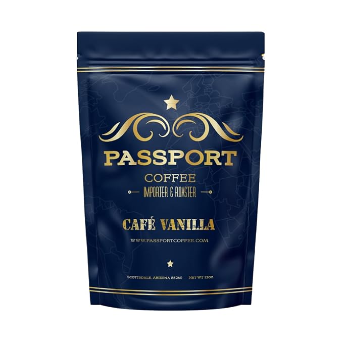 Passport Coffee Cafe Vanilla - Medium roast blend from Colombia & Central America with Rich vanilla flavor. Premium whole bean coffee, 12oz Bag