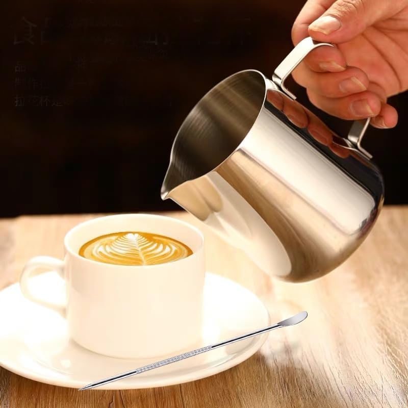 Milk Frothing Pitcher, 350ml/12oz Milk Frother Cup Stainless Steel Jug Steaming Pitcher, Milk