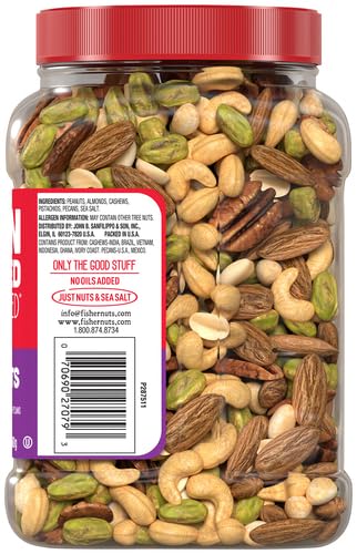 Fisher Oven Roasted Never Fried Mixed Nuts with Peanuts, 24 Ounces (Pack of 2), Peanuts, Almonds, Cashews, Pistachios, Pecans, Snacks for Adults, Made With Sea Salt, No Added Oils, Artificial Ingredients or Preservatives, Trail Mix, Gluten Free