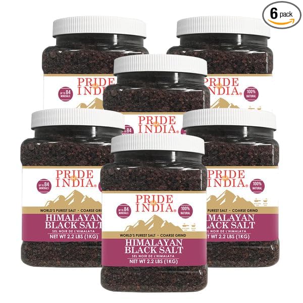 Pride Of India -PACK of 6 -Himalayan Black Rock Salt-Coarse Grind, 2.2 Pound (1 KG)- Kala Namak- Contains 84+ Minerals -Perfect for Cooking, Tofu Scrambles, Grinder, Kitchen, Restaurant, Bath Salt
