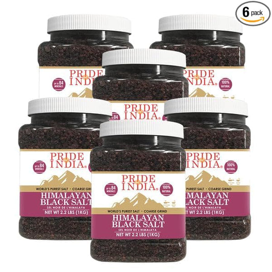 Pride Of India -PACK of 6 -Himalayan Black Rock Salt-Coarse Grind, 2.2 Pound (1 KG)- Kala Namak- Contains 84+ Minerals -Perfect for Cooking, Tofu Scrambles, Grinder, Kitchen, Restaurant, Bath Salt