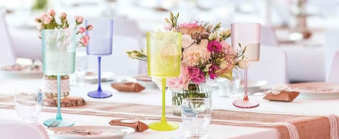 Ciaell 4 Pack Plastic Wine Glasses - 10 Oz Plastic Wine Glasses with Stem - Disposable Wine Glasses Perfect for Parties & Weddings & Poolside & Outdoors & Camping(Pink Green Purple Yellow)