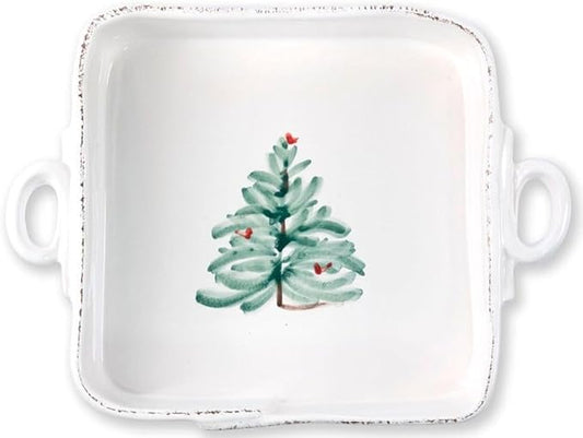 Vietri Lastra Holiday White and Green Square Baker 11.5"L, Stoneware Oven Baking Dish & Serving Pan, Christmas Bakeware