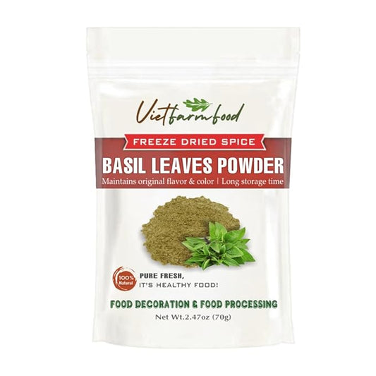BASIL LEAVES POWDER 2.47 Oz (70g) VIETFARMFOOD: Pure, natural freeze-dried spice made from real vegetables and fruits - perfect for enhancing every meal, from cooking, baking, salads, soups, sauces
