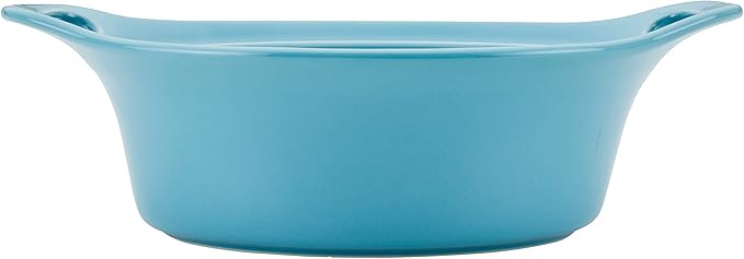 Rachael Ray Solid Glaze Ceramics Casserole Bakeware/Baker Set with Shared Lid, 3 Piece, Agave Blue