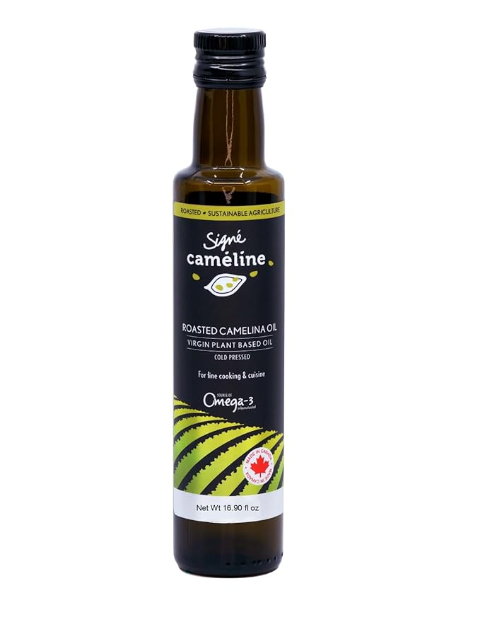 Signé Caméline, Cold-Pressed Roasted Camelina Oil, 16.90 fl oz. Sesame oil substitute. Notes of Roasted hazelnuts, Asian cuisine, Ramen noodles, Sushi, Sautés. Product of Canada.