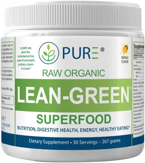 PURE Greens Superfood Raw Organic Drink Mix, Mango Flavor, Spirulina, Chlorella, 30 Servings, 8.9g per Serving, 1-Month Supply Premium Wellness Supplement