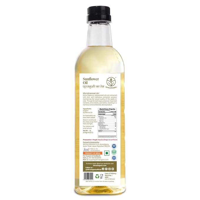 Shiva Organic Cold-Pressed Sunflower Oil - 100% Natural, 1L (33.8 fl oz)) for Cooking and Health