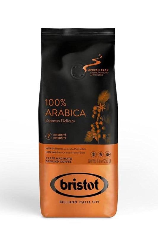 Bristot 100% Arabica Ground Coffee ??Italian Espresso Delicato ??Medium Roast ??Ground Coffee for Moka Pot, French Press & Pour Over ??8.8oz (250g)