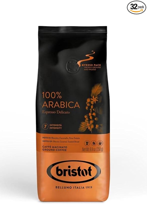Bristot 100% Arabica Ground Coffee | Italian Espresso Ground Coffee | Medium Roast | 32 Bags