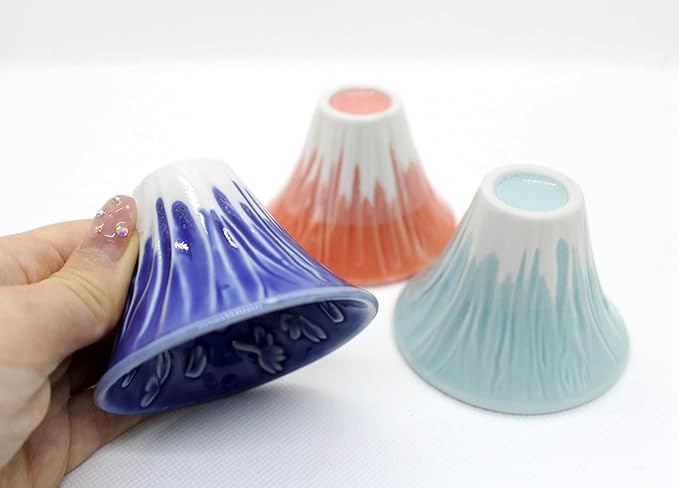 Japanese Sake Cup Mount Fuji Design Wine Soju Porcelain Ochoko Gifts (Blue Red, 2 Ochiko)