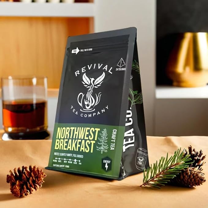 Revival Tea Company Northwest Breakfast Tea - Black Tea Blend with Western Cedar Tips, Assam, Ceylon, and Chinese Black Tea - 24 Tea Bags