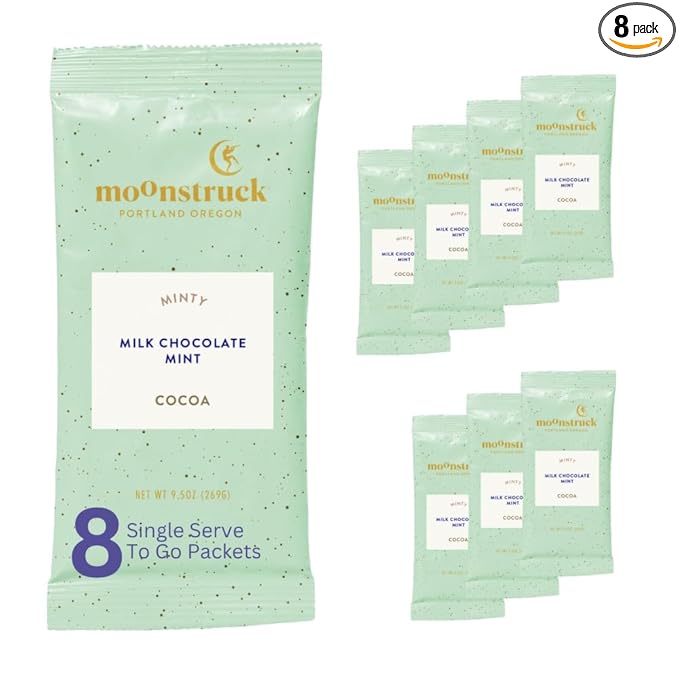 Moonstruck Chocolate Single Serve Minty Milk Chocolate Mint Hot Chocolate Packets, 8 Count (Pack of 1)