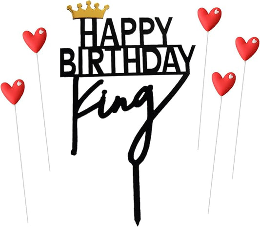 ZHENGYE Crown King Happy Birthday Cake Topper Acrylic Decorations Sign And 5 Red Love Cake Toppers Birthday Decoration(Black 27)
