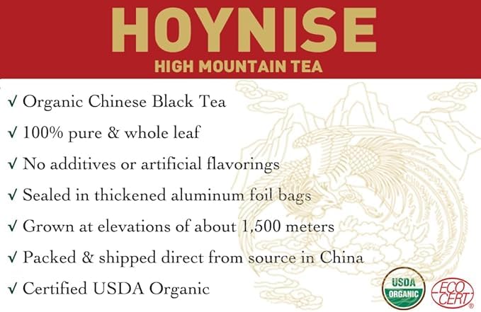 HOYNISE - USDA Organic Black Tea Loose Leaf - Yunnan Dianhong Black Tea - Organic Breakfast Tea - Zero Artificial Flavorings & Additives - High Mountain Grown, 100g/3.5oz