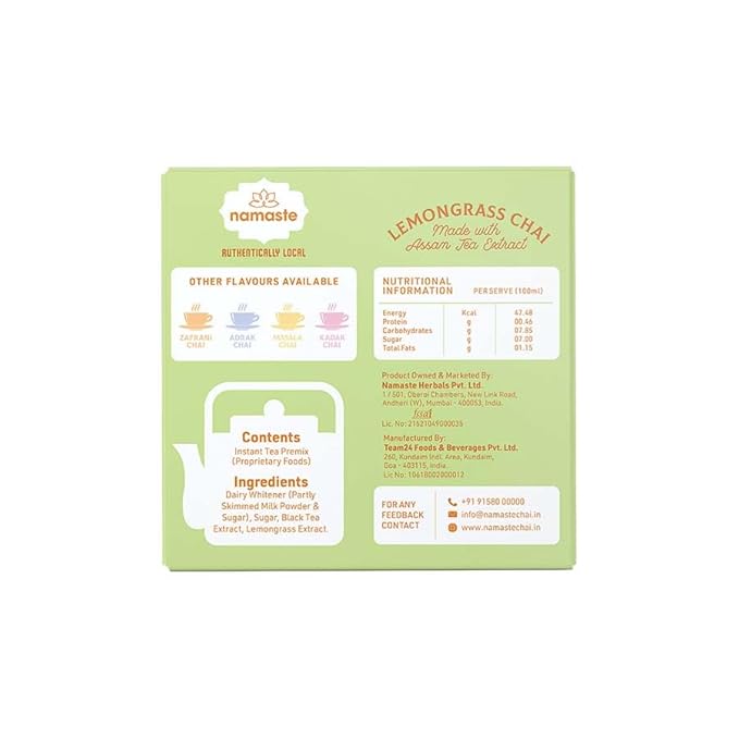 Namaste Chai Lemongrass Tea Powder Sachet | Assam Tea With Milk and Sugar | Instant Premix | 22g x 10 Sachets