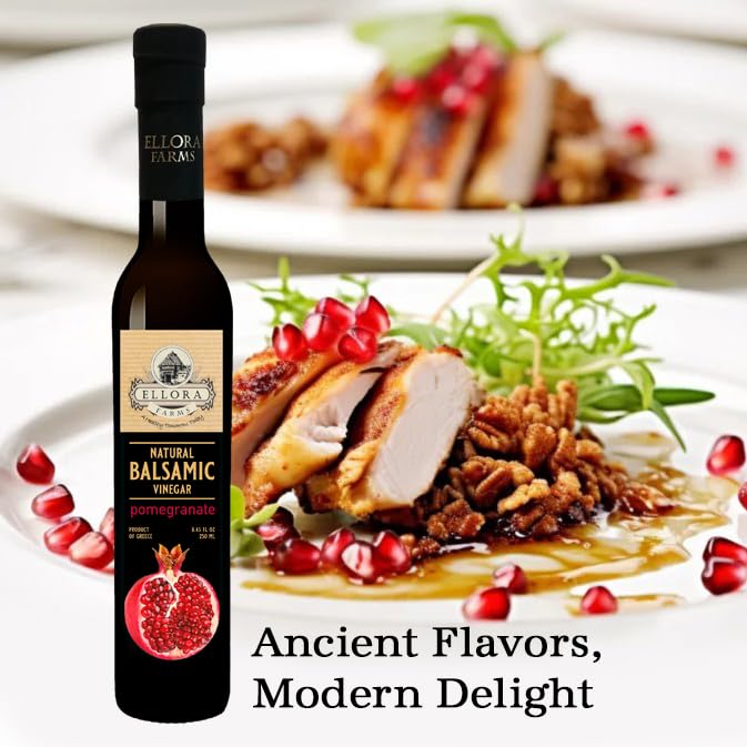Ellora Farms, Pomegranate Infused Thick Aged Balsamic Vinegar, No-Added Sugar, No-Preservatives, Glass Bottle, 8.45 oz., Pack of 1