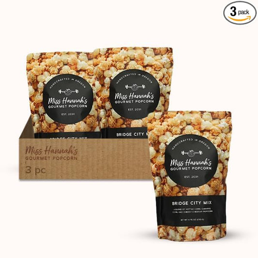 Miss Hannah's Gourmet Popcorn Bridge City Mix - Sweet Caramel, Savory Cheddar, & Classic Kettle Corn Blend | Perfect Snack Mix of Sweet, Salty & Cheesy Flavors - 16oz (3 Pack)