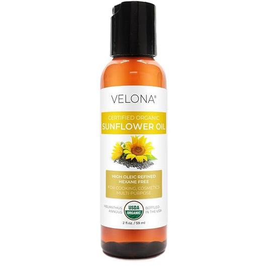 velona USDA Certified Organic Sunflower Oil - 2 Fl Oz | 100% Pure and Natural Carrier Oil | High