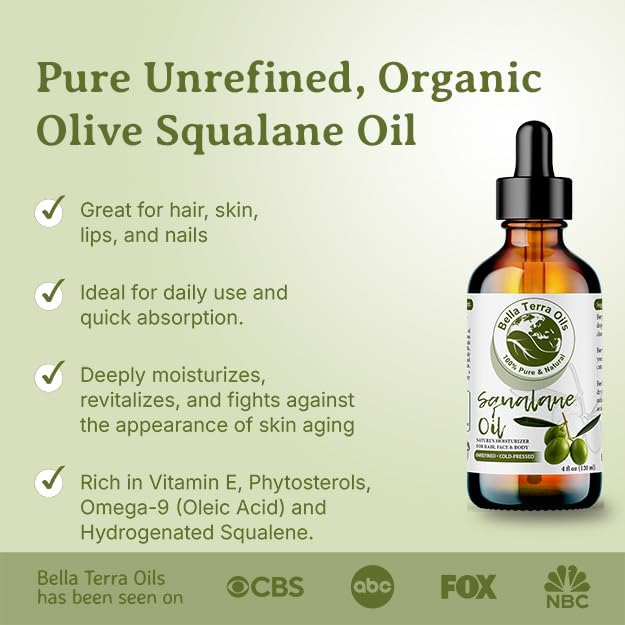 Bella Terra Oils - Organic Squalane Oil 8 oz - Harvested from Bitter Organic Squalanes, Famed for its Vitamin E & Omega-9, Cold-Pressed Elixir for Skin