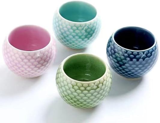 MQjzsh Handmade Chinese Japanese Tea Bowls, Tea Cup Set, 4 Pack, 110ml / 3.7oz for Office, Home, Gifts (Lg,Lb,Lp,B)