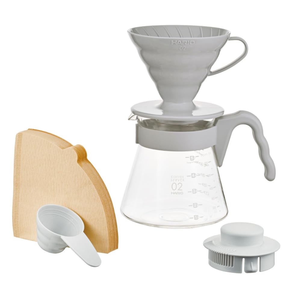 Hario V60 Pour Over Starter Set with Dripper, Glass Server, Scoop and Filters, Size 02, Pale Grey
