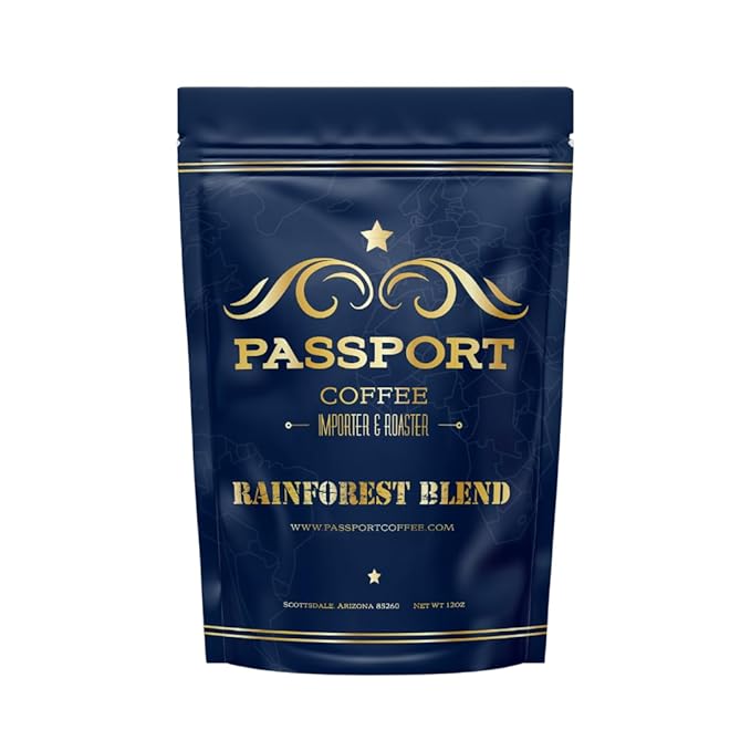 Passport Coffee Rainforest Blend ??Medium & Dark roast blend from Sumatra, Guatemala & Ethiopia. Flavor notes of dark chocolate, and caramel. Premium whole bean coffee,12oz Bag